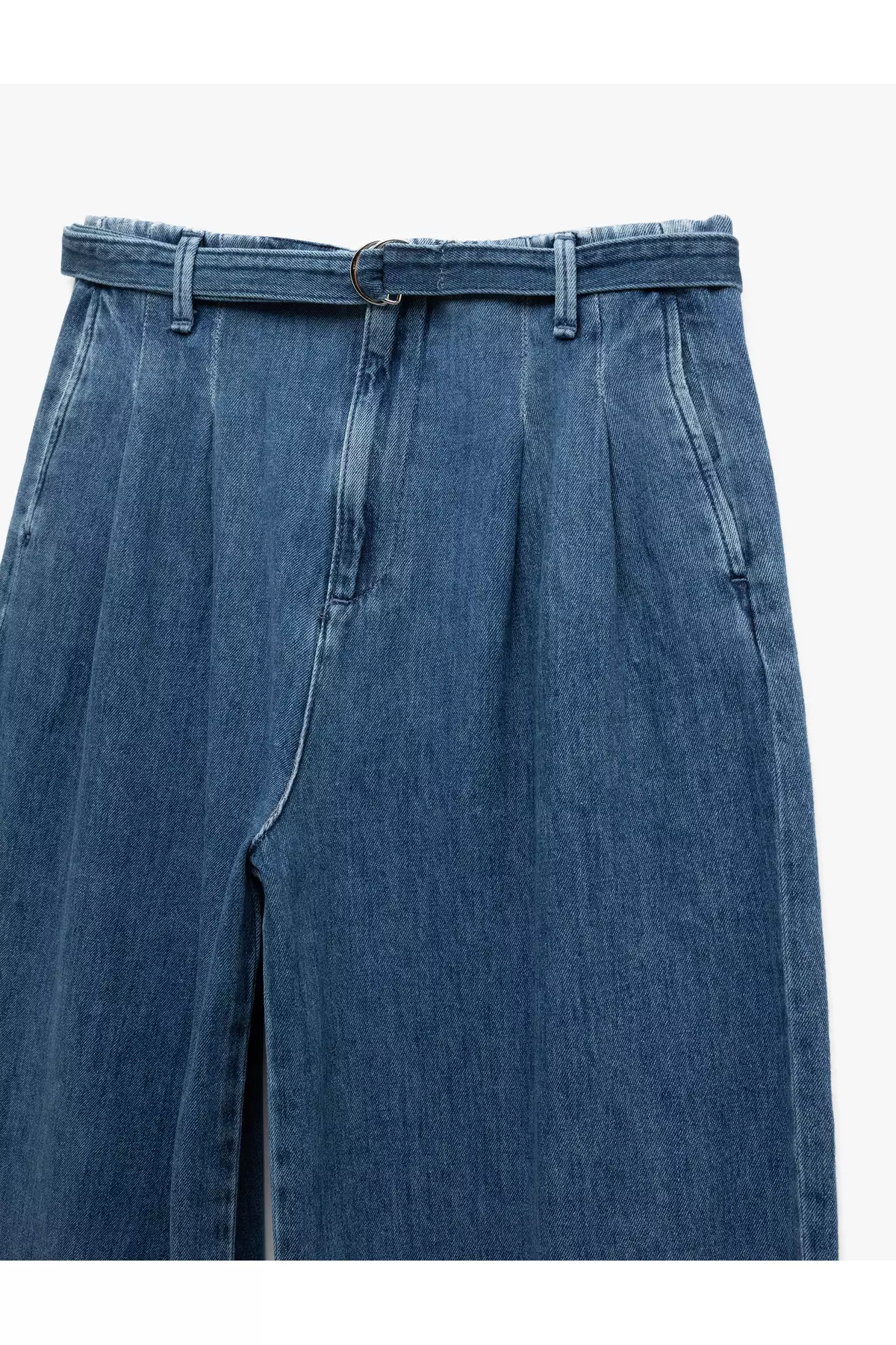 High Waist Wide Leg Belt Detailed Pleated Jean Trousers