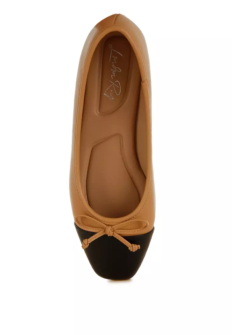 Faux Leather Bow Detail Ballerinas in Camel