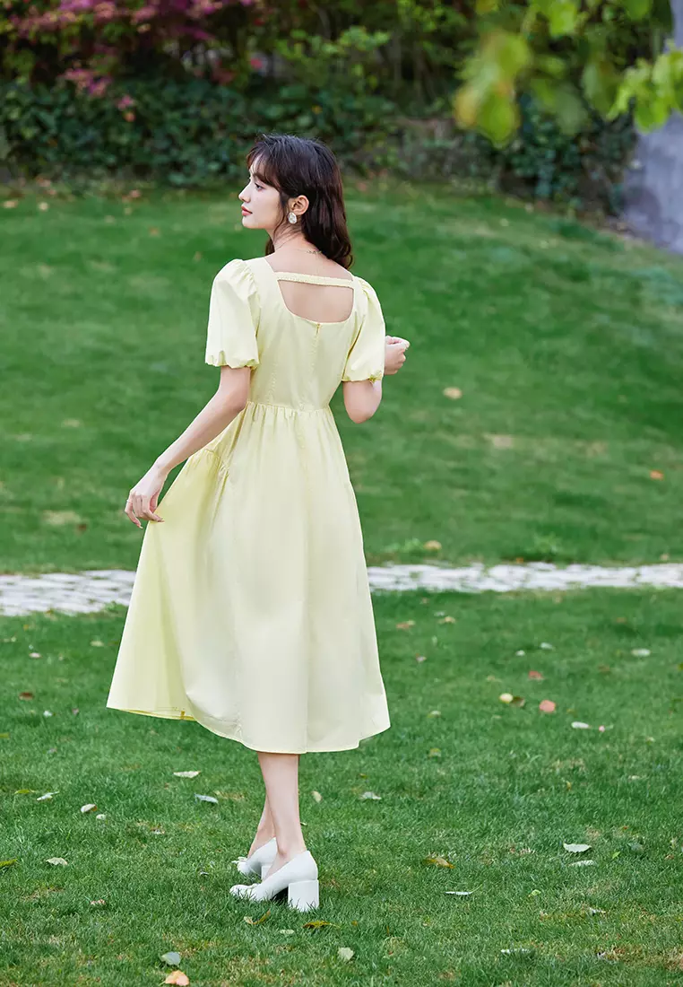 Plain Puff Sleeve Square Neck Summer Dress