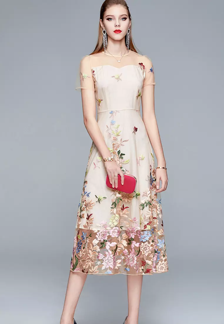 Tulle with Embroidered Floral Midi One Piece Dress Evening Dress  A21032909KI