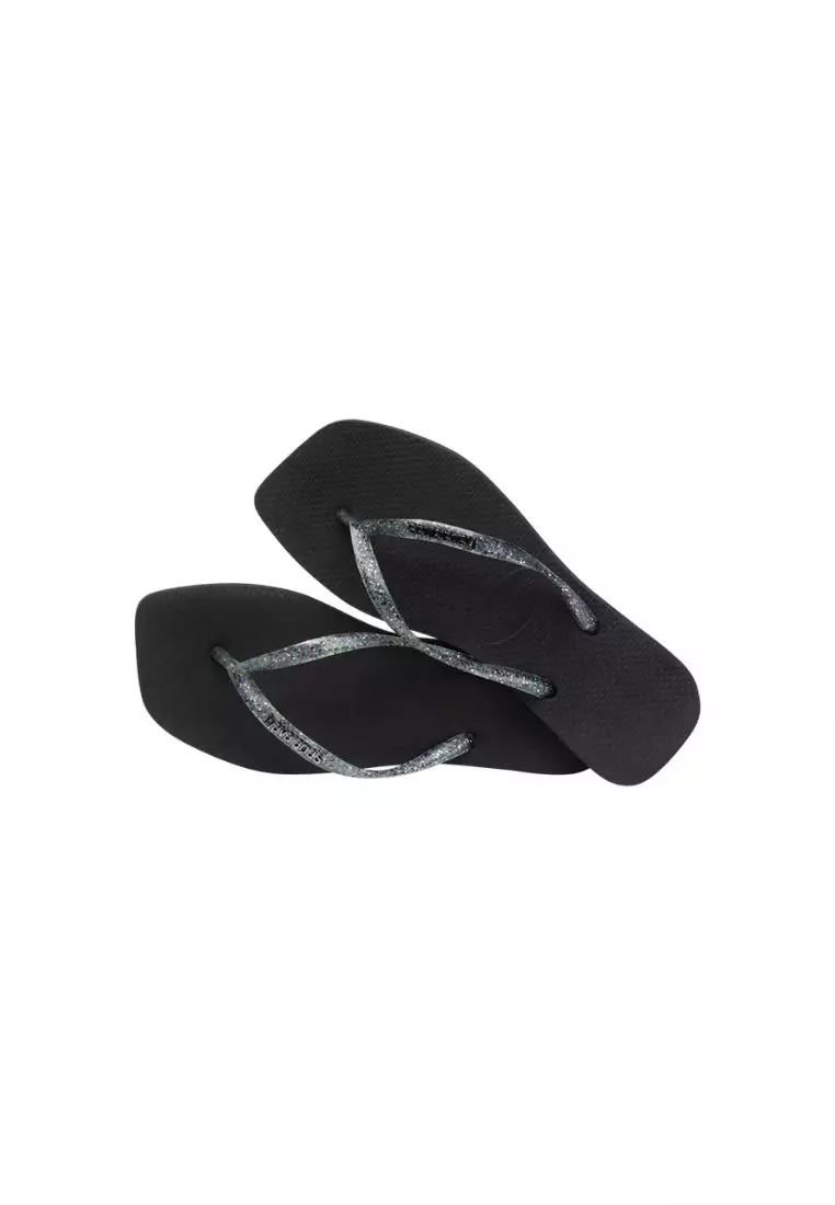 Women Slim Square Logo Metallic Flip Flops - Black