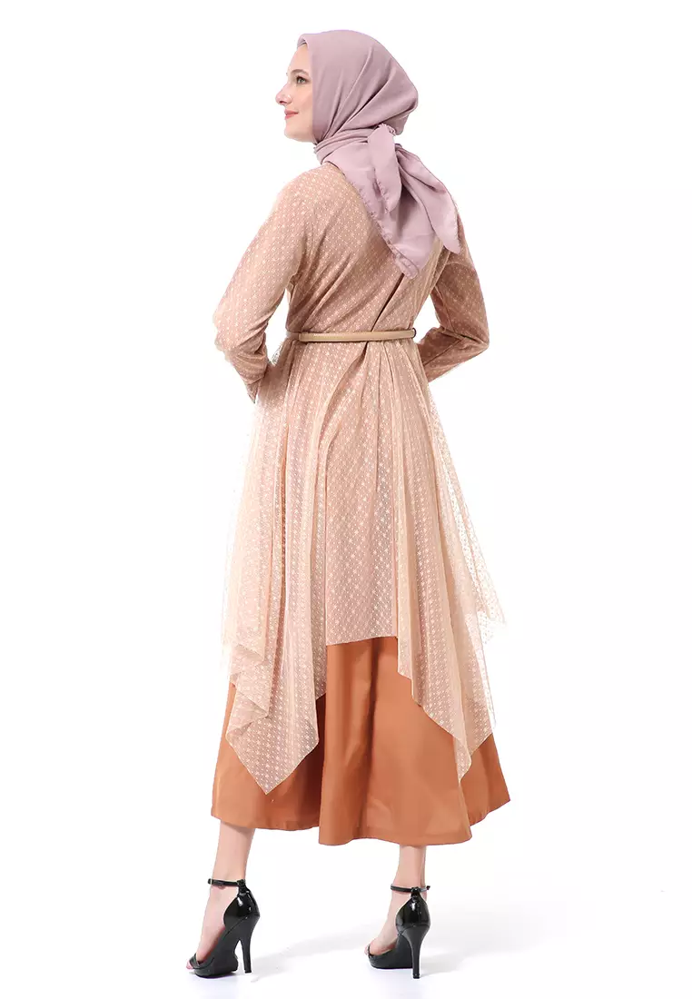 Zahwa Long Dress Gamis Muslimah Long Sleeve Free Belt High Quality - Mocha