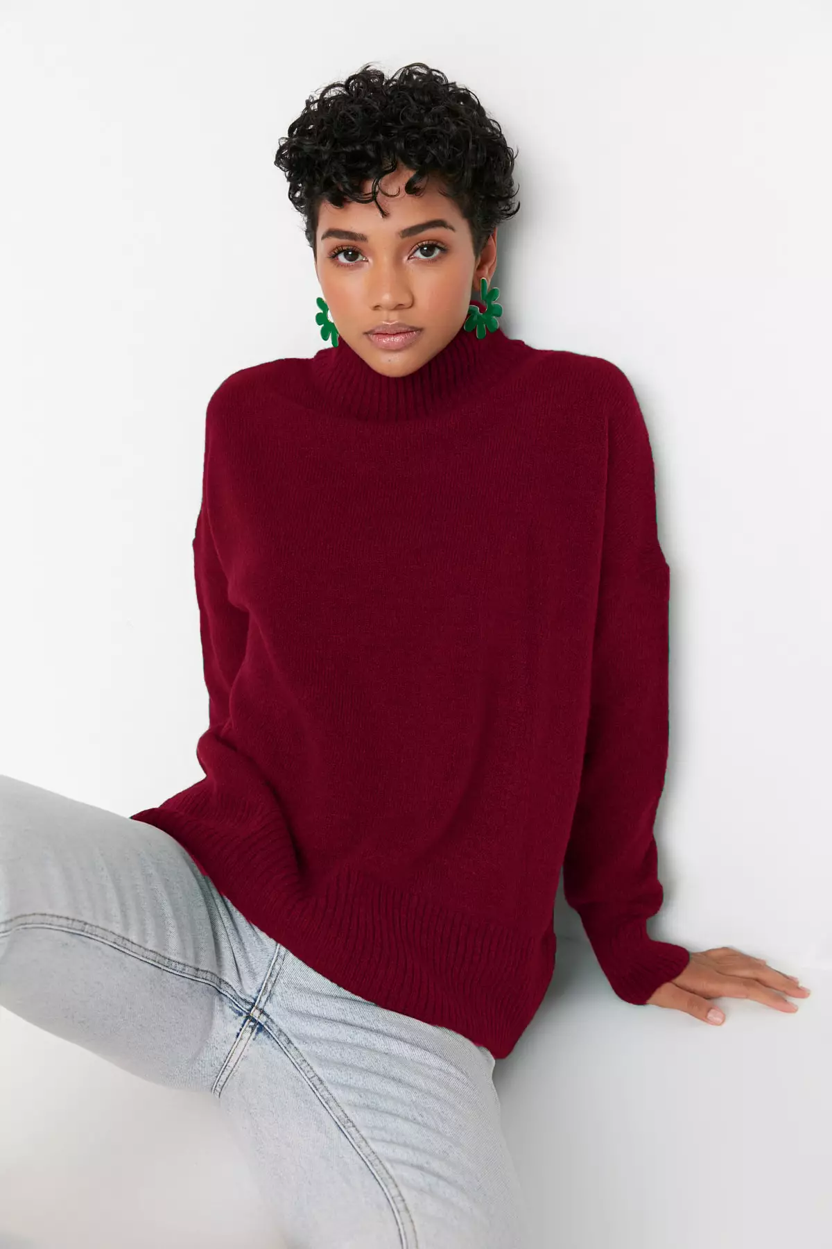 Claret Red Wide Pattern Soft Textured Stand Collar Knitwear Sweater