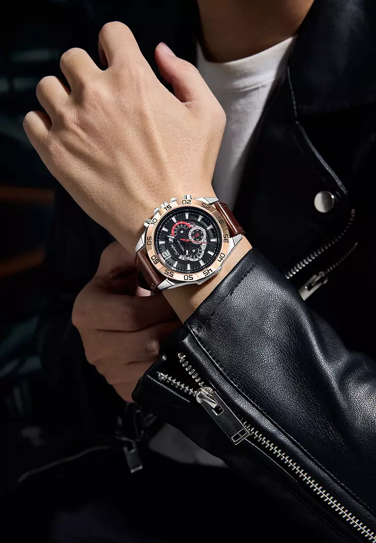 Jam Tangan Pria 9191 Original Kalendar Tali Kulit Anti Air Bercahaya Kuarsa Jam Tangan Cowok brownblack