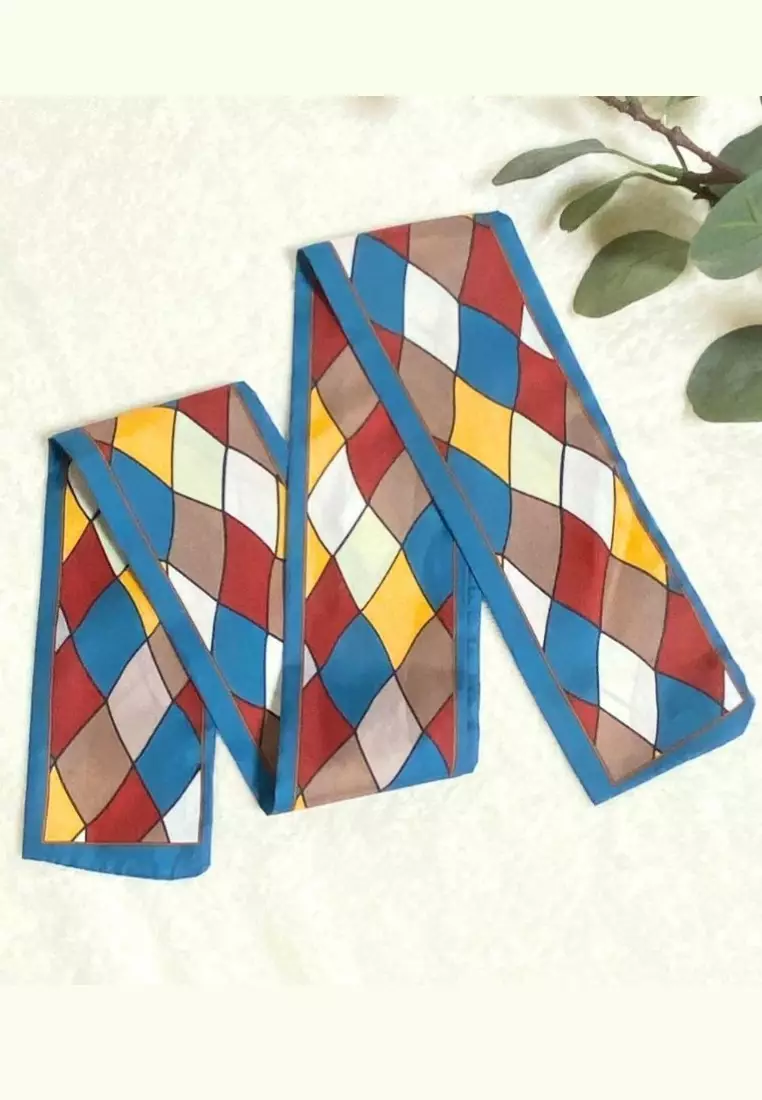 Aksesoris Wanita Diagonal Checks Twilly Skinny Multi purpose Scarf Wanita Blue & Multi