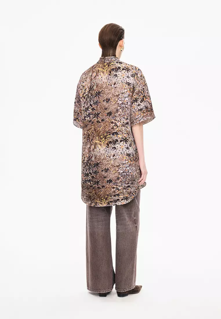 混纺图案元素花型宽松短袖衬衣