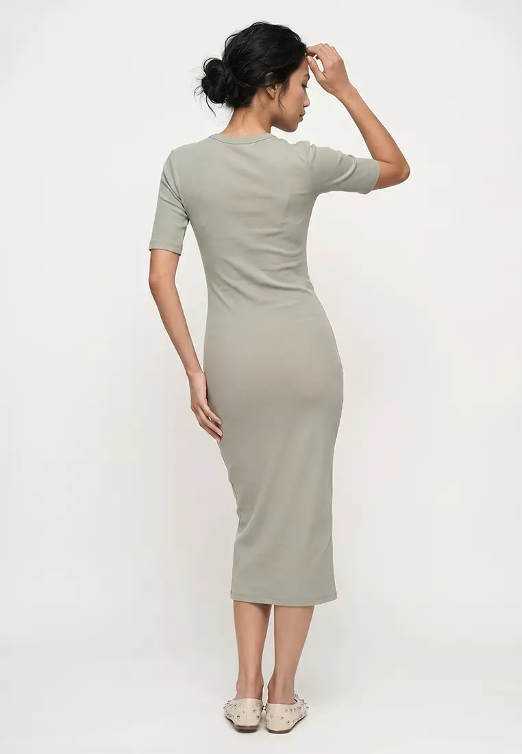Bodycon Body Hugging Crew Neck Basic Plain Rib Short Sleeve Midi Dress E6003Ax25Sp