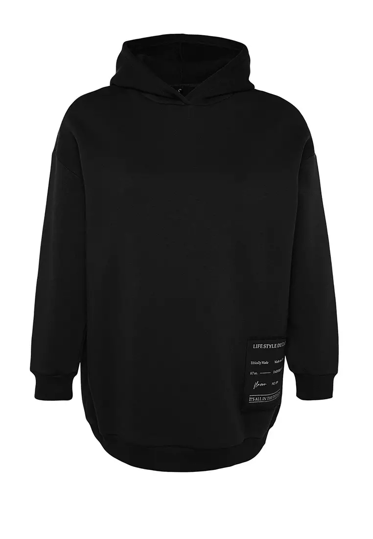 Black Hooded Slogan Detailed Fleece Thick Knitted Sweatshirt Tbbaw24Ao00018