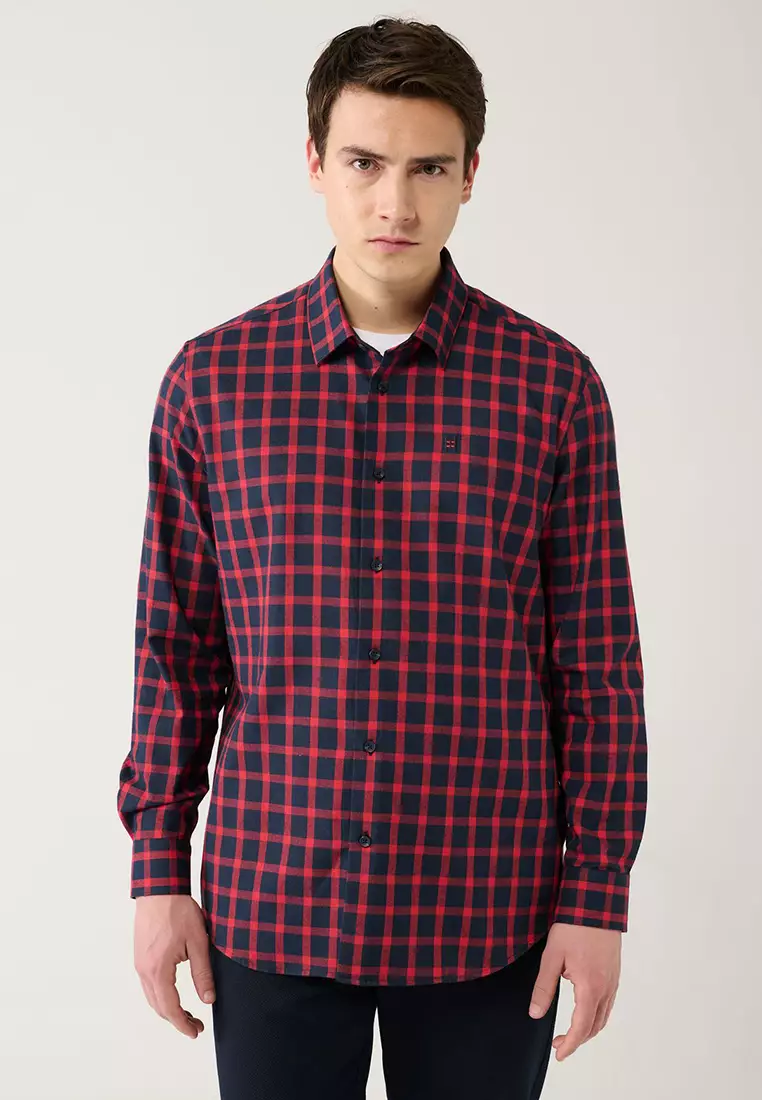 Men's Navy Blue-Red Cotton Plaid Flannel Lumberjack Shirt A32Y2158