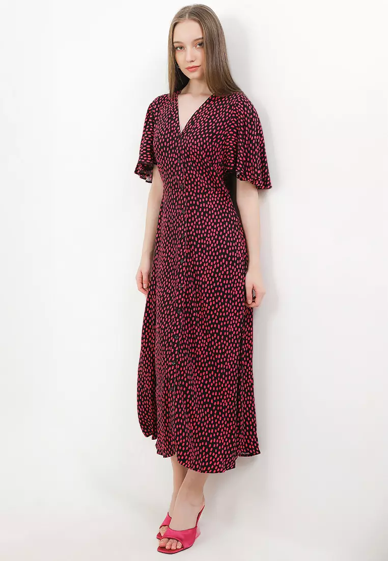 Printed V-Neck Midi Tea Dress