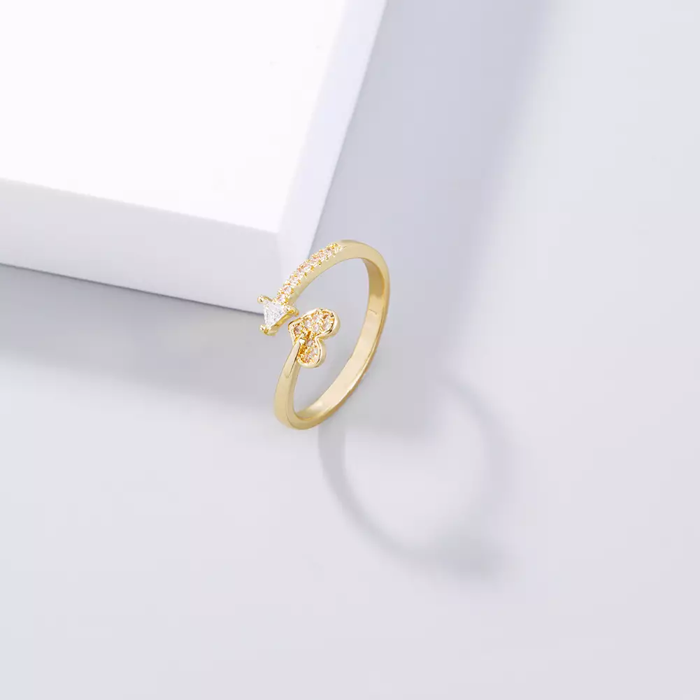 Glamorousky Gold Heart Triangle Adjustable Cubic Zirconia Ring Cincin