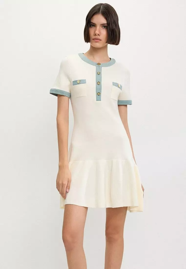 Contrast Trim Button-Up Knit Dress - Ivory