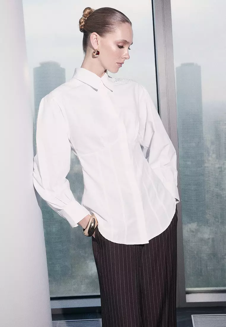 White Fitted Balloon Sleeve Fitted/Waist Fitted Cotton Piece Shirt Tctss26Tg00015