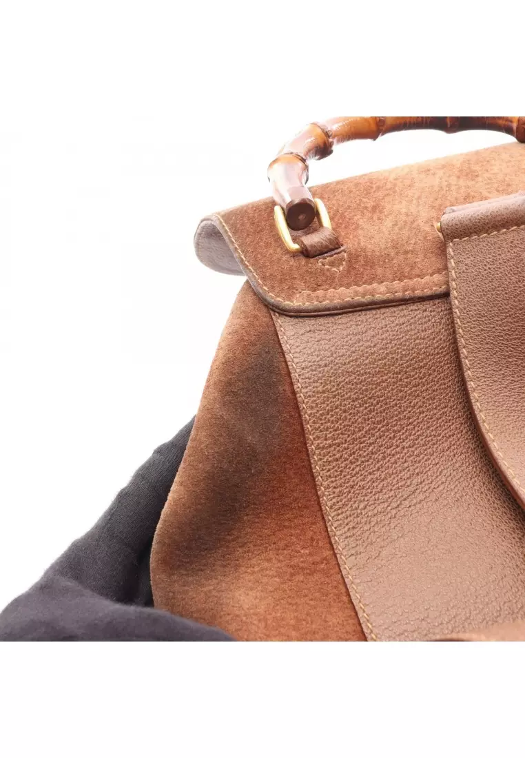 Pre-Loved Gucci Bamboo Backpack rucksack suede leather Brown