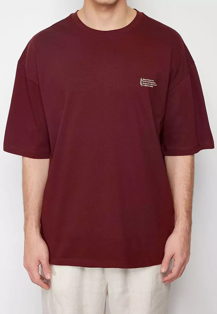 Claret Red Oversize 100% Cotton Crew Neck Minimal Text Printed T-shirt TMNSS23TS00084