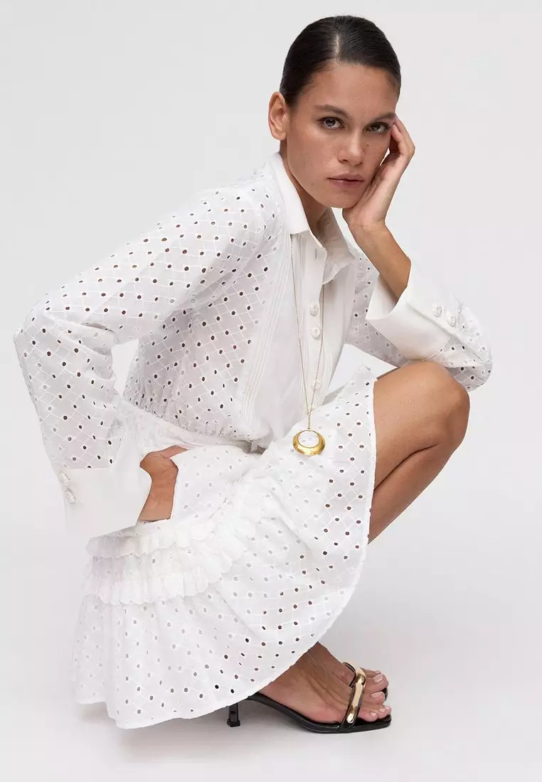 Eyelet Ruffled Shirt Dress - White