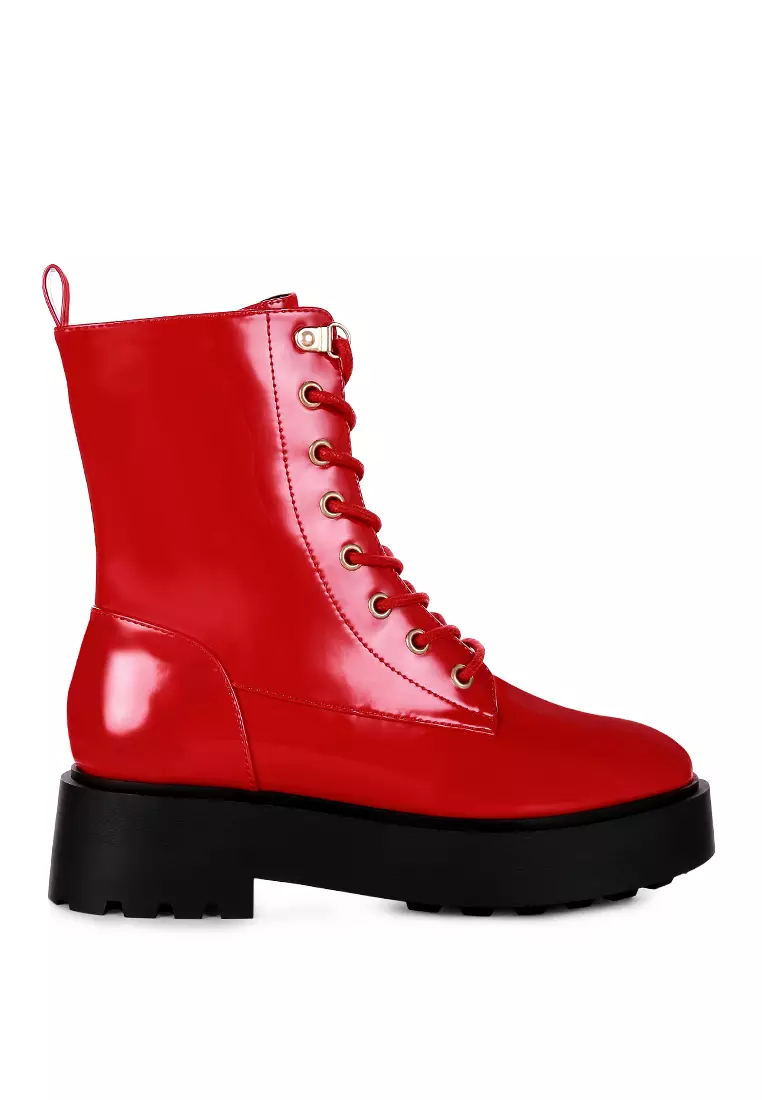 Discount on London Rag  shoes - SKU: Red Faux Leather Ankle Biker Boots