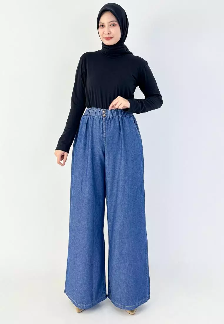 Palazzo Denim Welly (Celana Panjang Bawah Lebar) Panjang 106 cm BIRU TUA