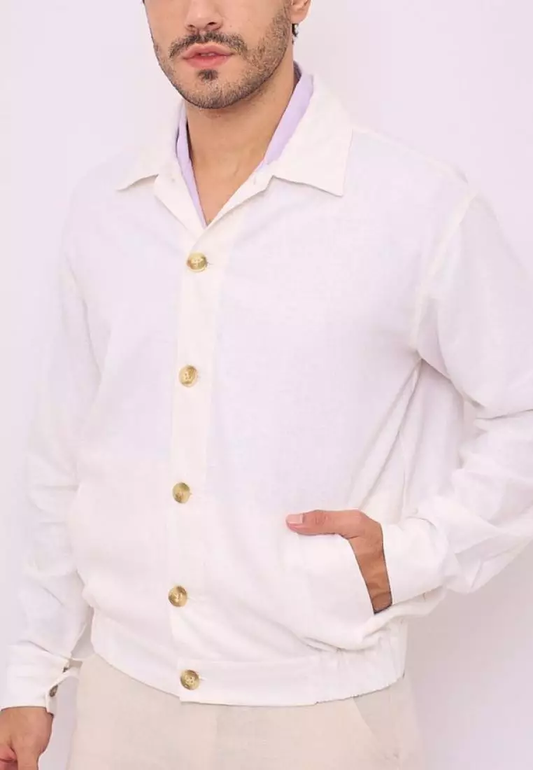 Aneto Jaket Bomber Pria Linen Warna Putih | Linen Bomber Jacket Men White