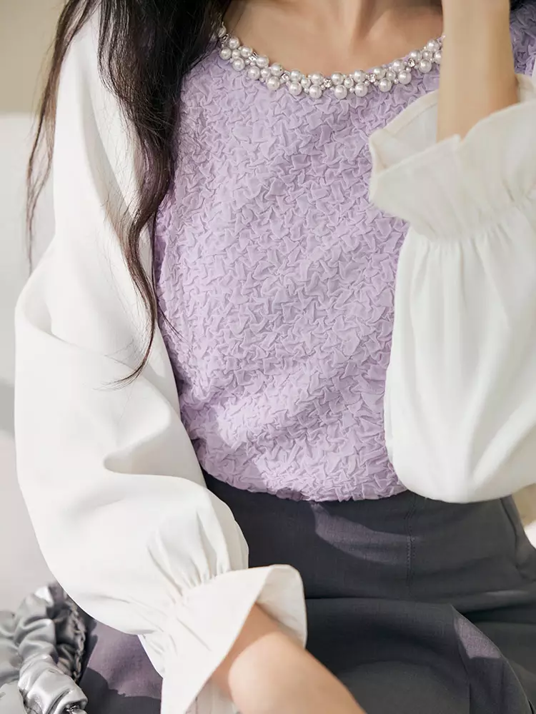 Textured pearl-collared ruffled sleeve top [AB19666]