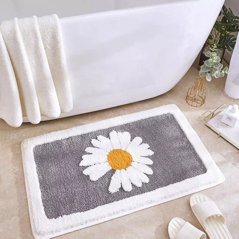 Daisy Bathroom Rug Mat White Flower Bath Rug Non Slip Bath Mat Grey 40x60cm