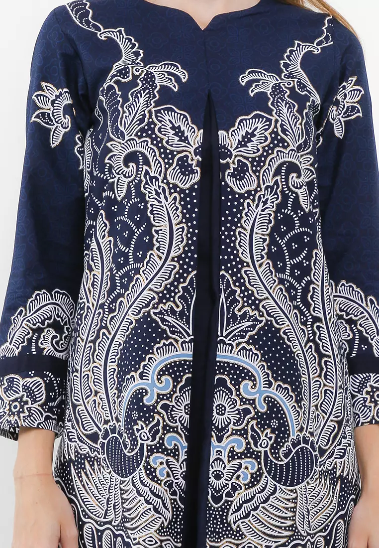 Tunik Muslim Atasan Wanita Batik Katun Prada Premium Varenka Navy