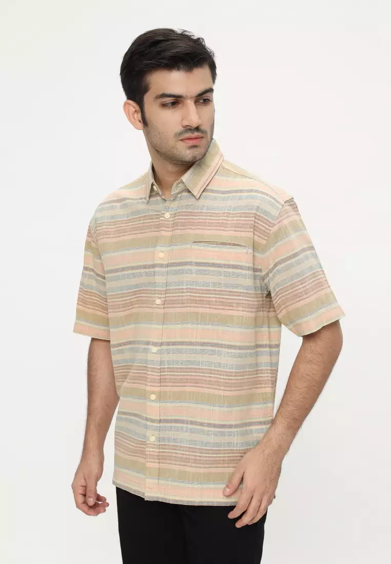 POLICE Kemeja Salur Printing Khaky Orange Regular Fit Pria