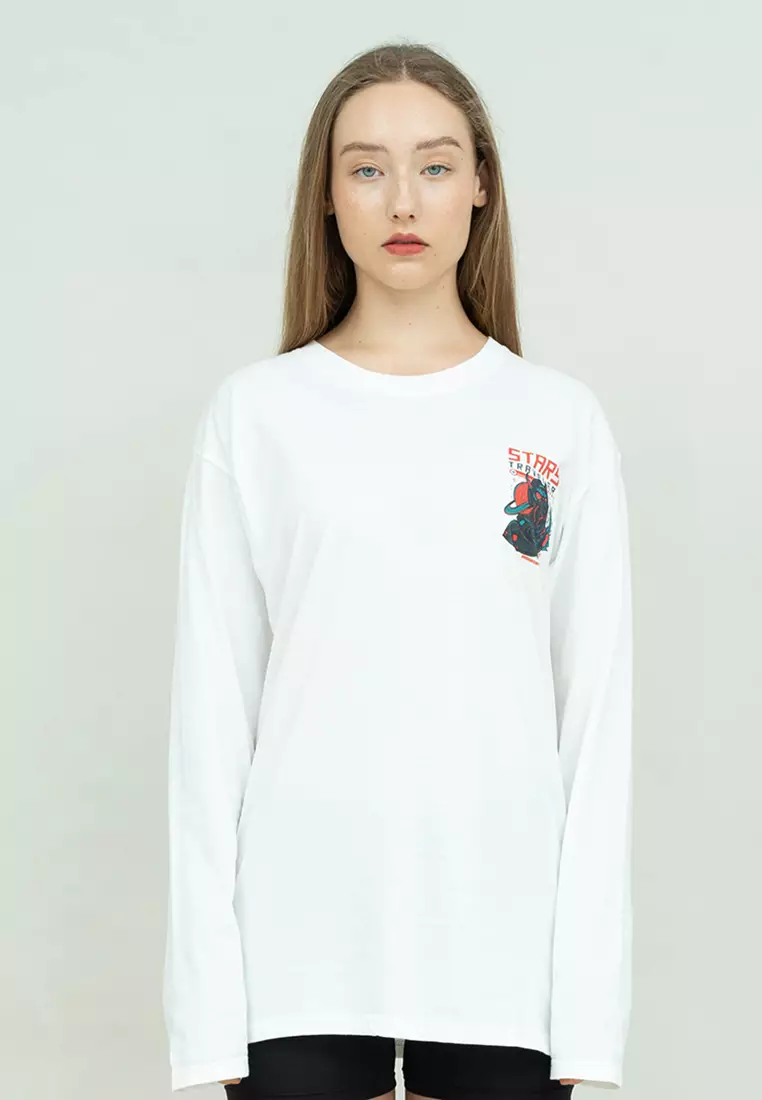 Kaos cotton combed lengan panjang wanita putih houseofcuff stars travel