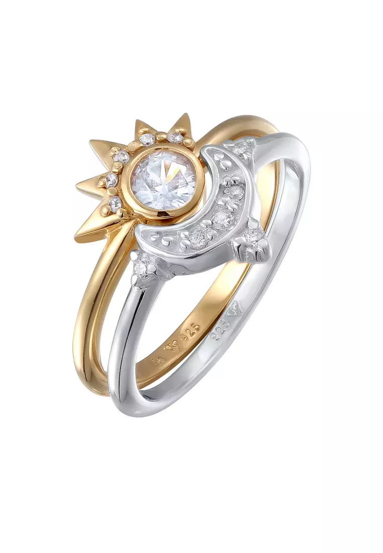 Cincin Perhiasan Perak 925 Wanita Set Moon Sun Zirconia Bi Color
