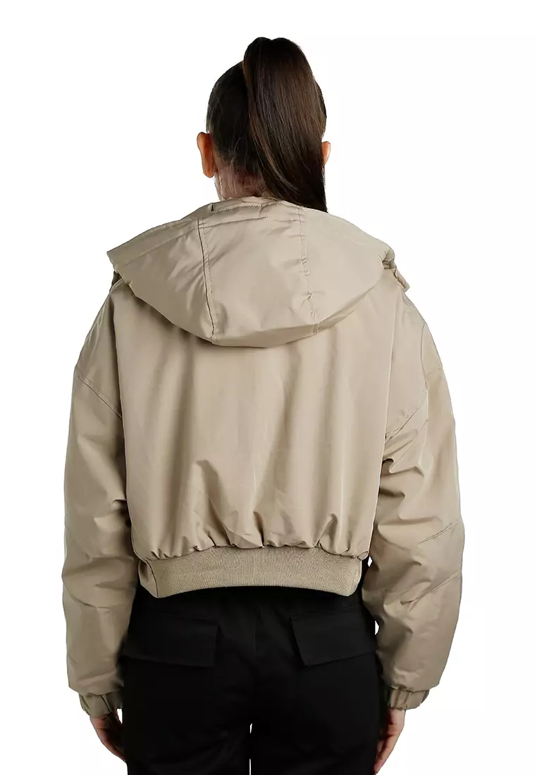 Drawstring Cropped Woven Jacket in Khaki
