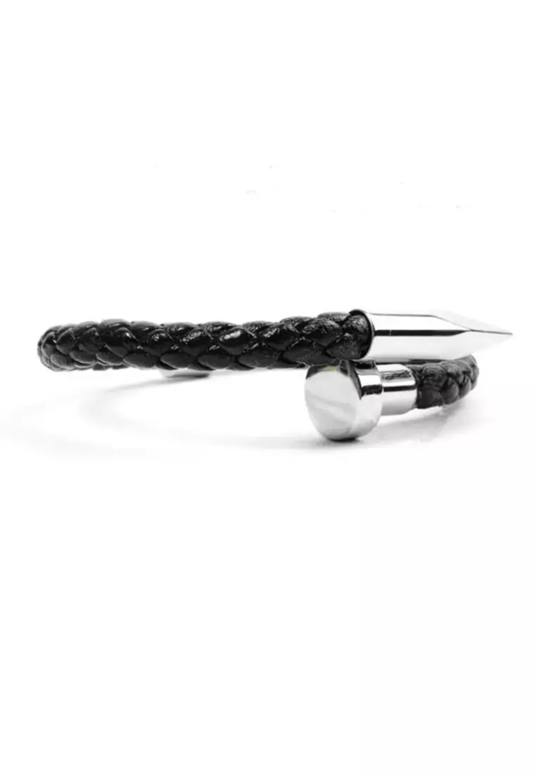 Accessories Pria Stainless Nail Design Center Leather Bracelet Gelang Pria Black & Silver 
