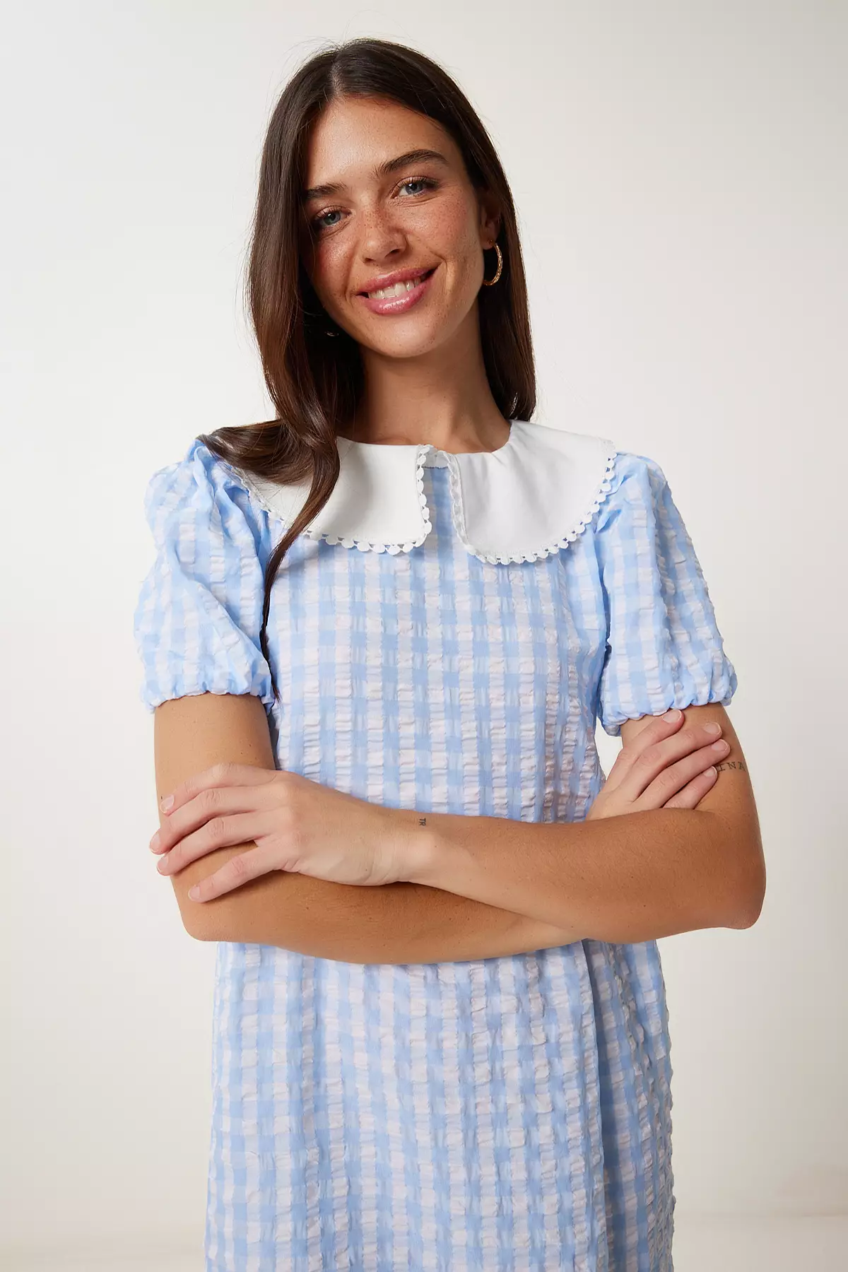 Women's Sky Blue Checkered Summer Mini Woven Dress Tp00058