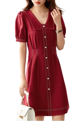 ONX.HK red V-Neck Button-Embellished Waist Puff Short-Sleeve Dress CB83CAAEF62F63GS_1