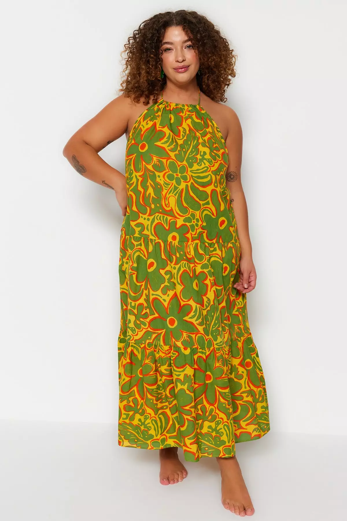 Buy Trendyol Plus Size Multicolored Floral Halterneck Maxi Woven
