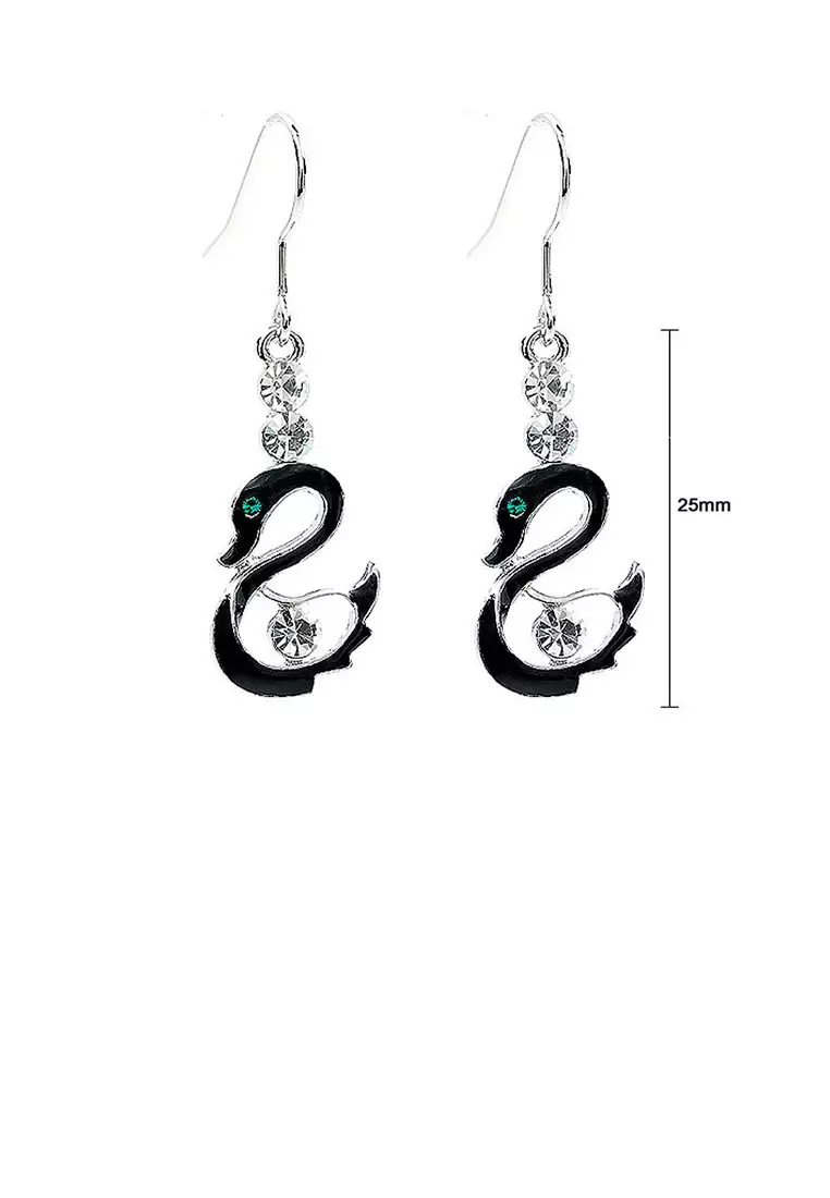Black Swan Charm Earrings with Silver Austrian Element Crystals