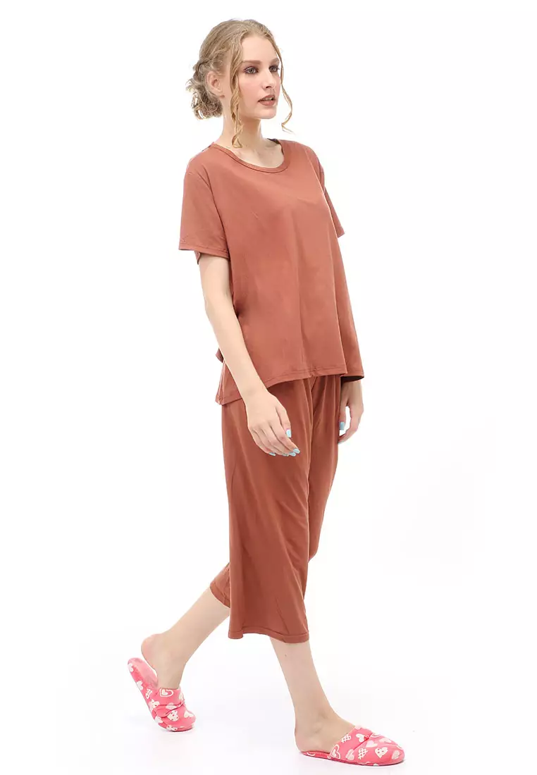 Vance Setelan Piyama Baju Tidur Wanita Celana Pendek 7/8 Material Spandex ORIGINAL - Brown
