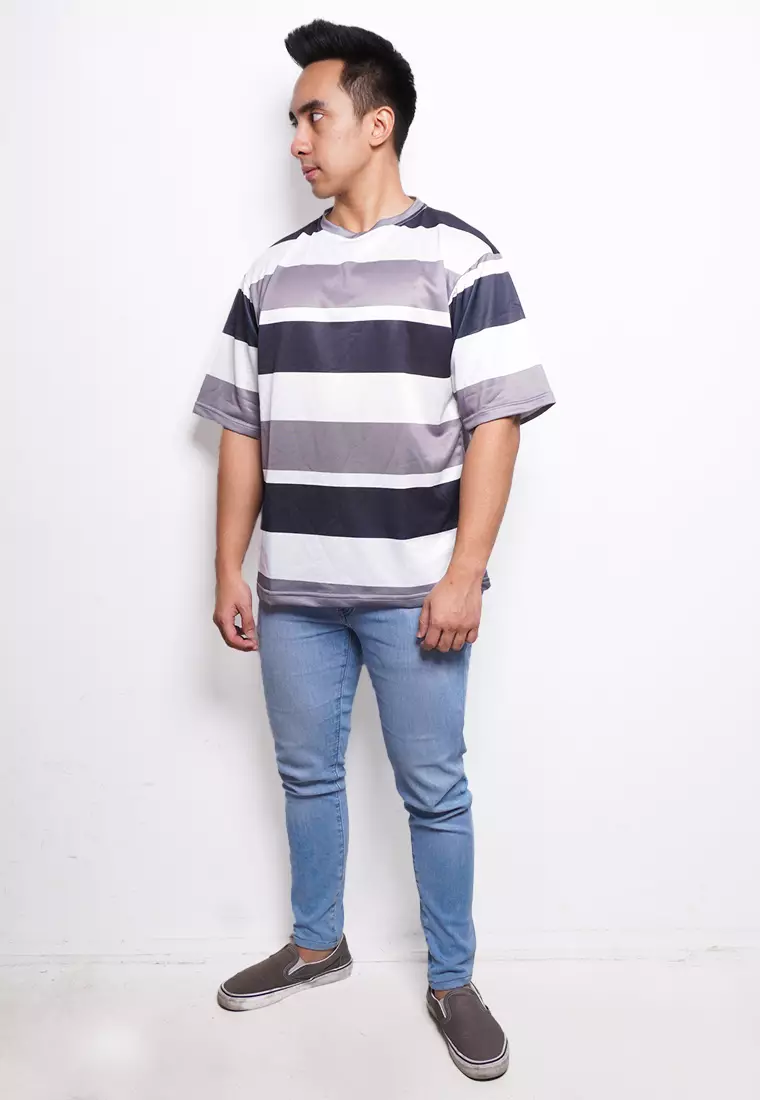 NX008 kaos oversize belang tipis stripe light scuba nade hitam abu putih