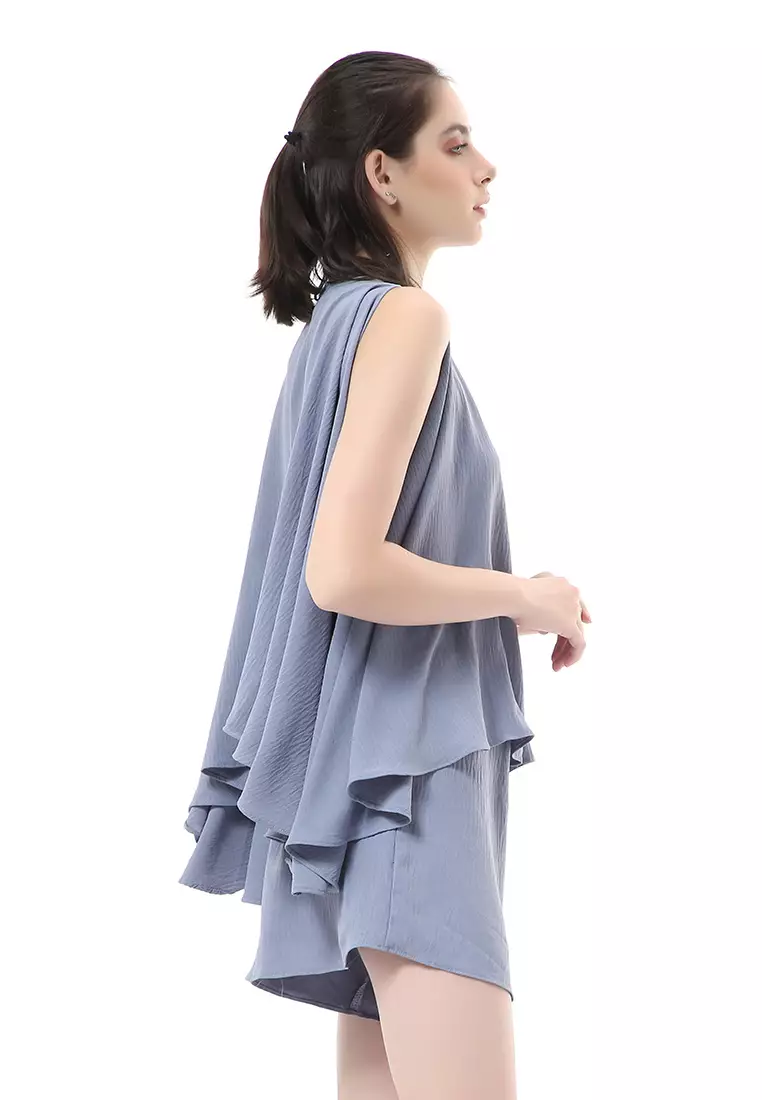 Nayra One Set Setelan Wanita Sleeveless Blouse with Short Pants Plain Motive Material Crepe Crinkle ORIGINAL - Bluegray