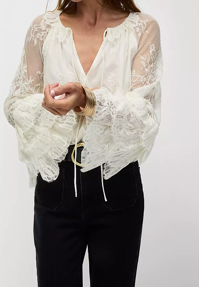 Lace Embroidered Tie Neck Blouse