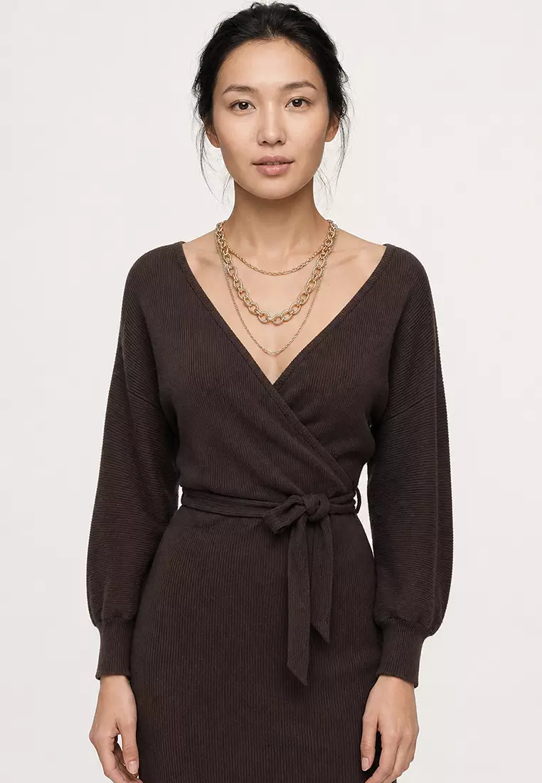 Women's Brown Double Breasted Batwing Sleeve Waist Belted Camisole Dress