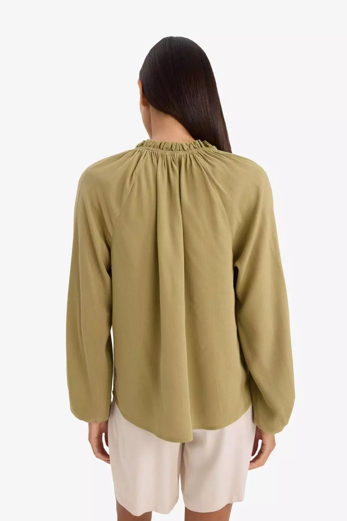 Regular Fit Lace-Up Collar Crinkle Fabric Long Sleeve Blouse E9429Ax25Sm