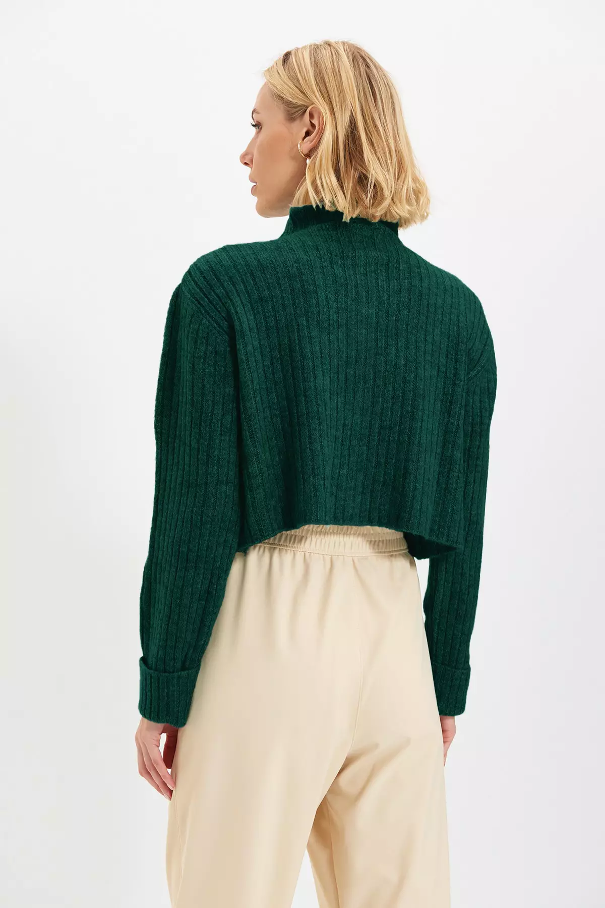 Emerald Green Crop Soft Textured Stand Collar Knitwear Cardigan