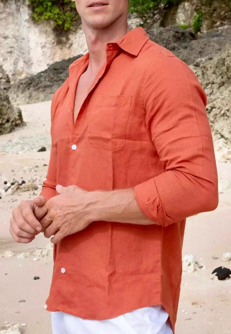 Terracotta Kemeja Linen Lengan Panjang Pria Merah Bata | Linen Long Sleeve Shirt Men Red