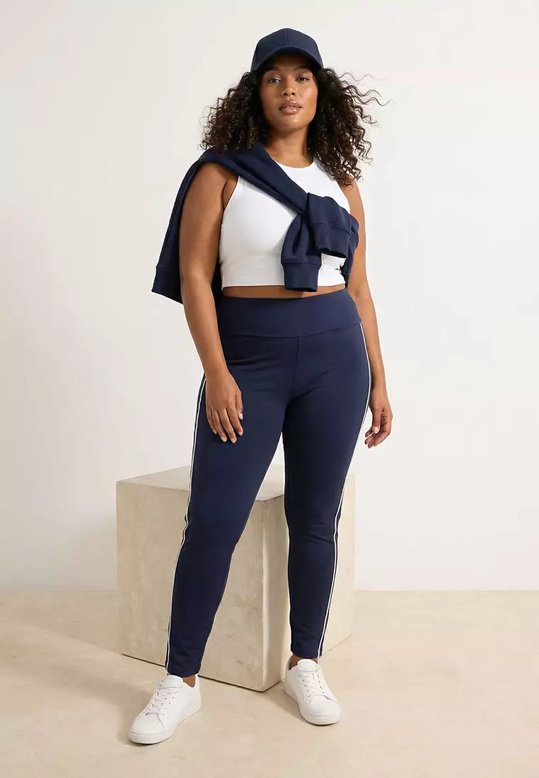 Navy Blue Soft Brushed Fabric Piping Detailed Flexible Knitted Plus Size Leggings Tbbss26Bv00001