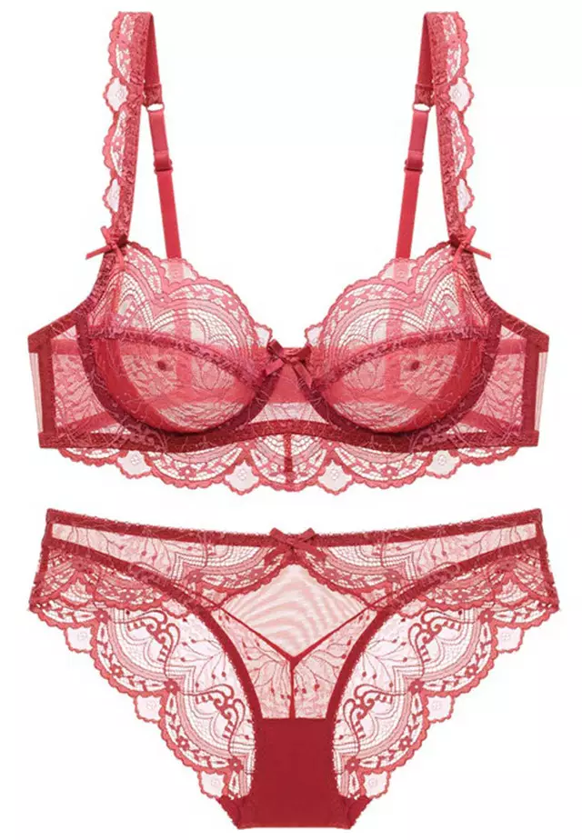 Lace Ultra-Thin See-Through Underwire Bra with Panty Set CA123109RD