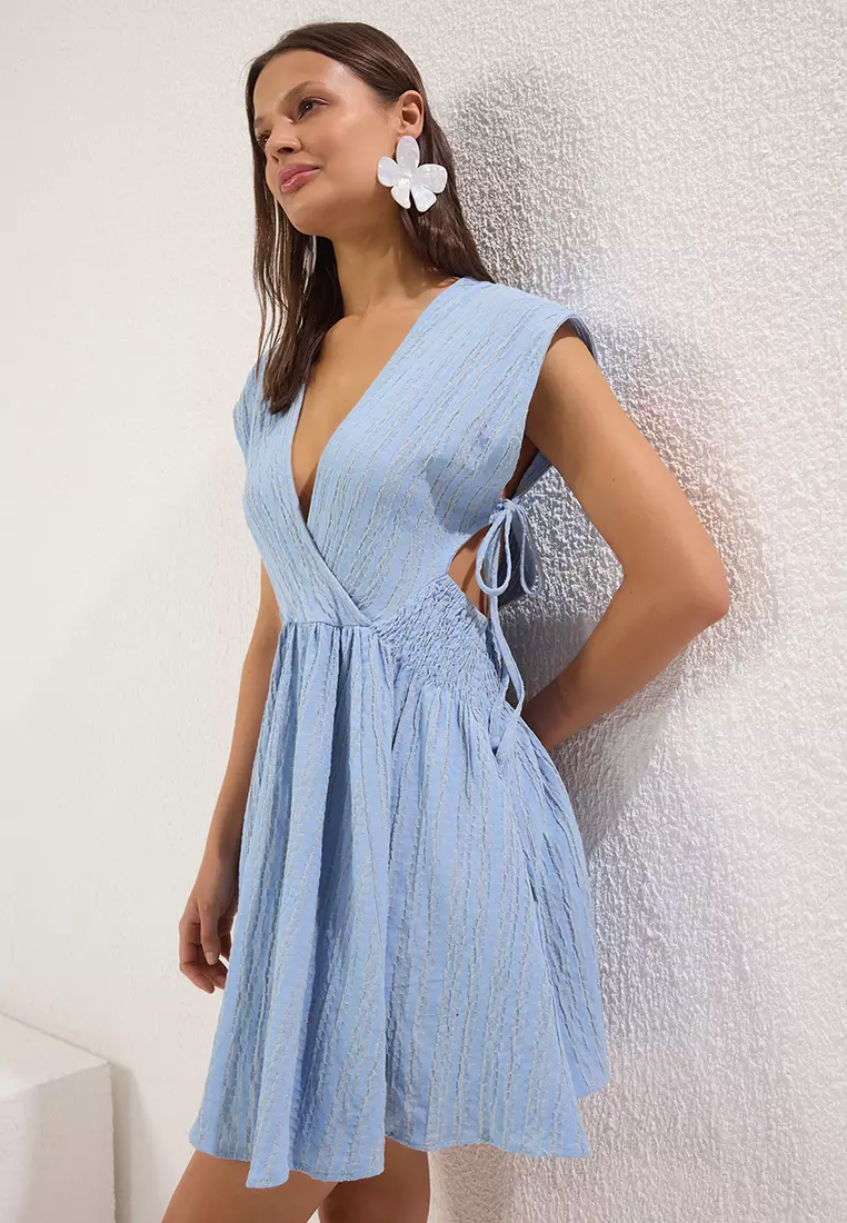 Blue Mini Woven Cut Out/Window Linen Blend Beach Dress TBESS24EL00075