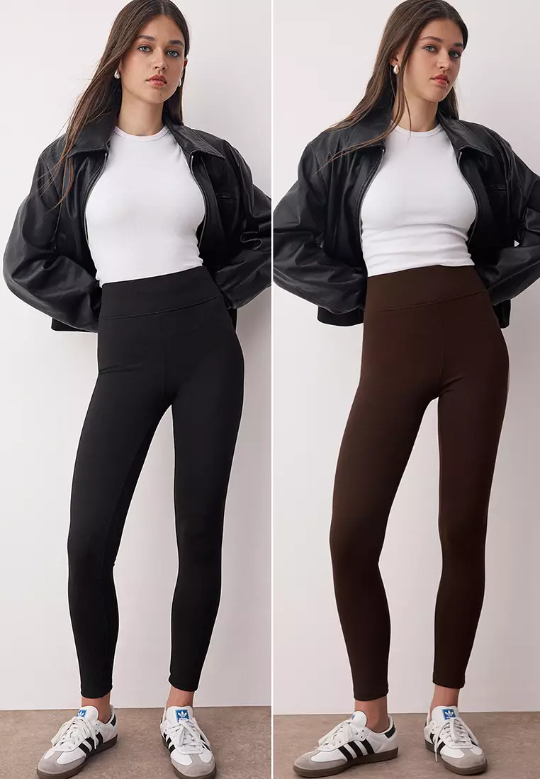 Black-Brown 2-Pack Interlock Body-Smoothing High Waist Knitted Leggings