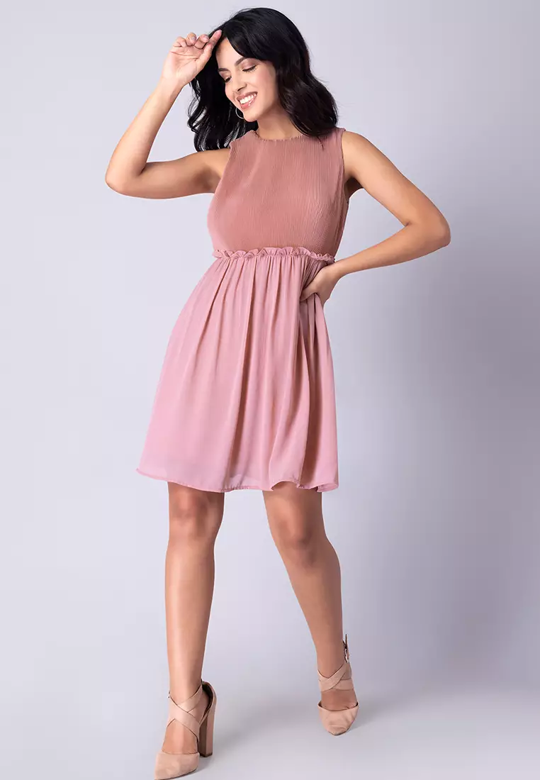 Pink Pleated Waist Frill Mini Dress