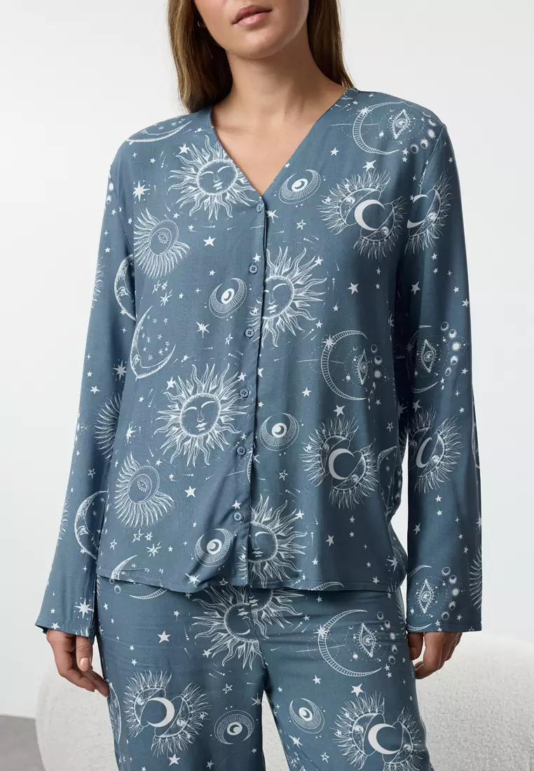 Women's Couple Blue Galaxy Patterned Viscose Woven Pajama Set