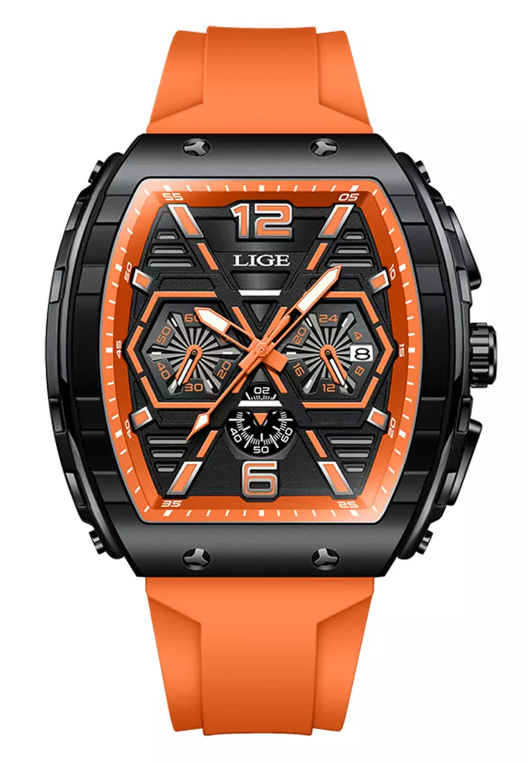 男女通用酒桶形 IP 橡膠錶帶黑色石英手錶